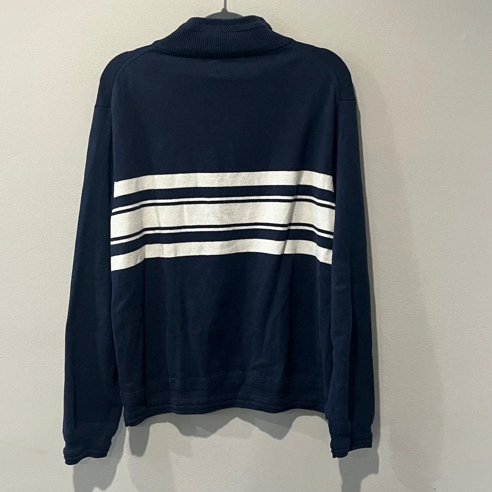 J Crew Organic Cotton Half Zip Pullover Sweater Navy Stripe Organic Men's‎ Large